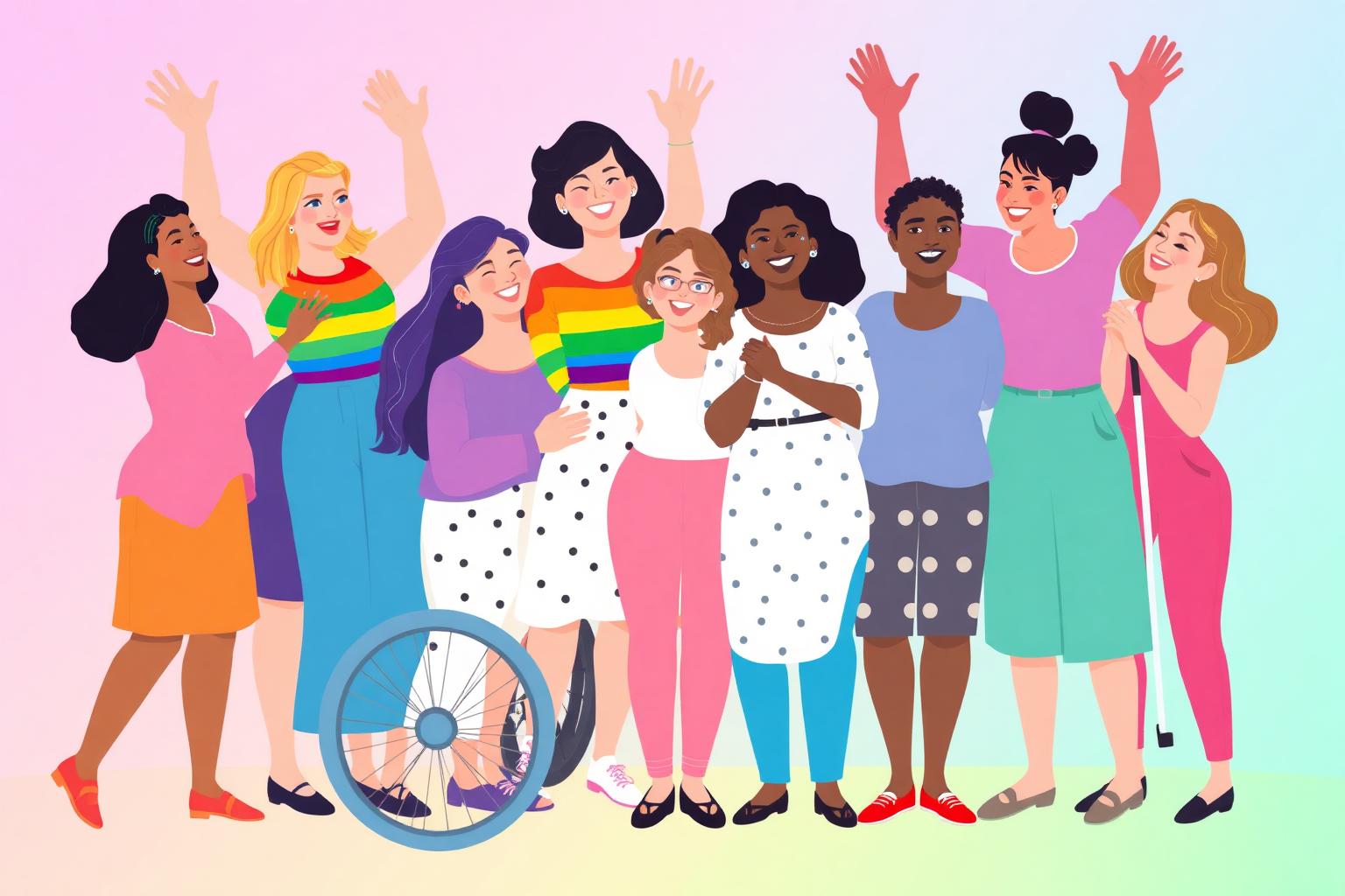 Comunidad diversa LGBTIQ+ y personas con discapacidad celebrando juntas